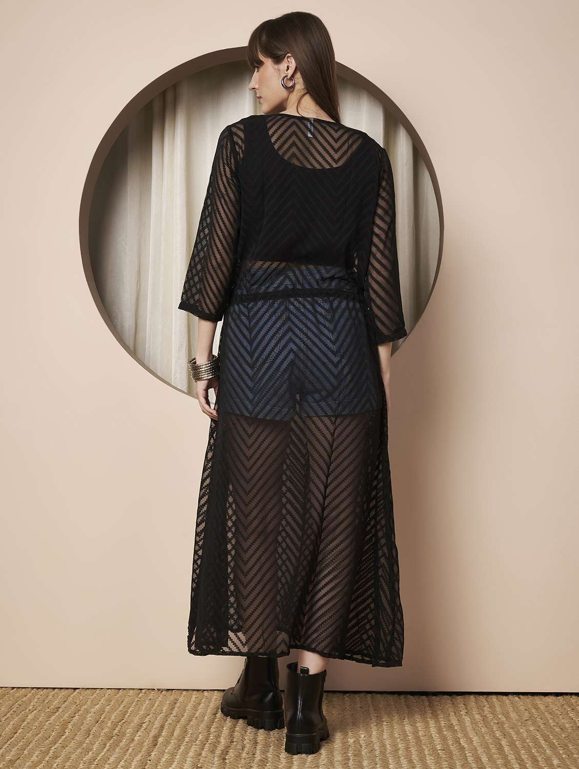 women printed three quarter sleeve long shrug - 22328803 -  Standard Image - 3