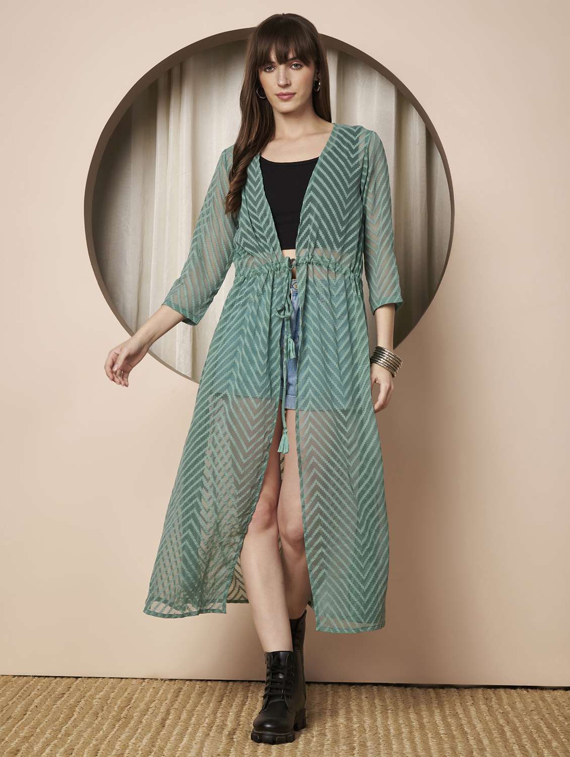 women printed three quarter sleeve long shrug - 22328804 -  Standard Image - 3