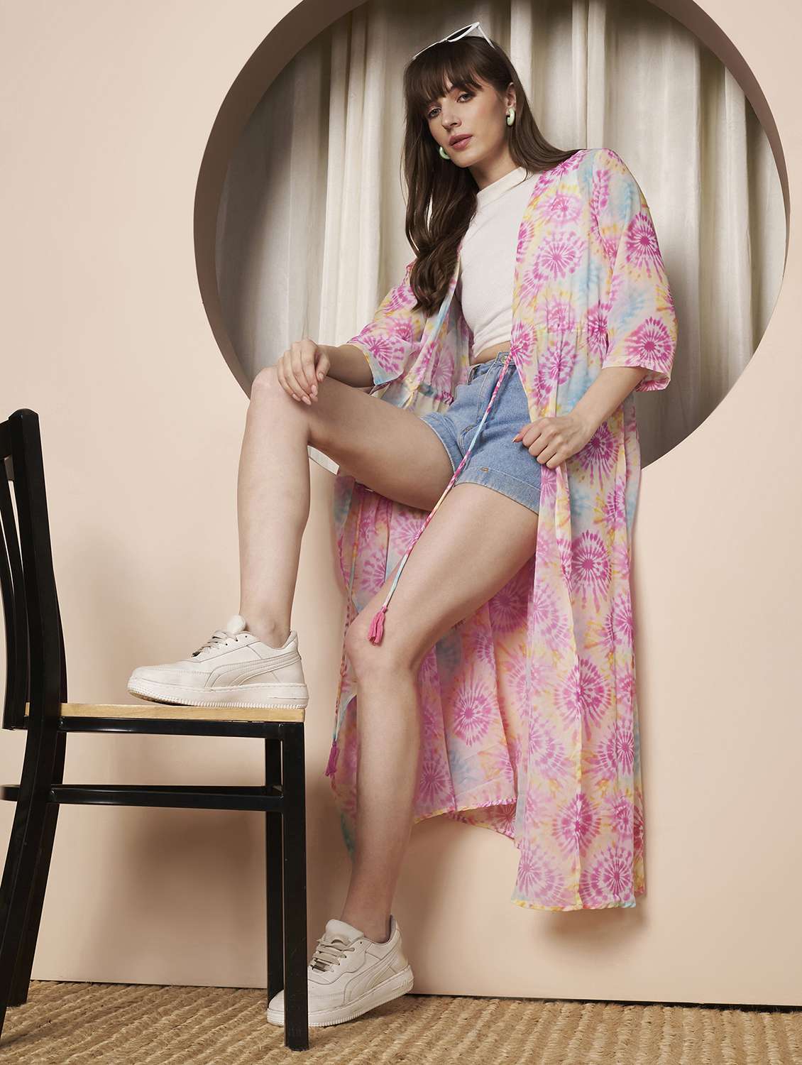 women printed three quarter sleeve long shrug