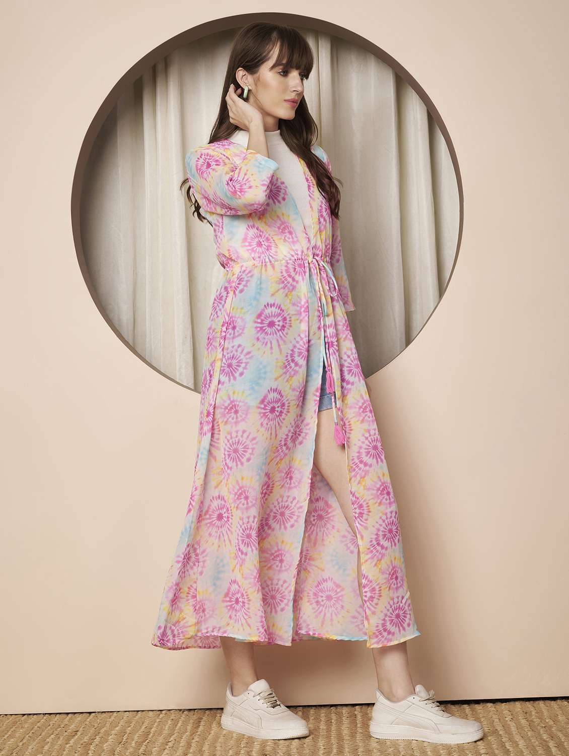 women printed three quarter sleeve long shrug - 22328806 -  Standard Image - 3