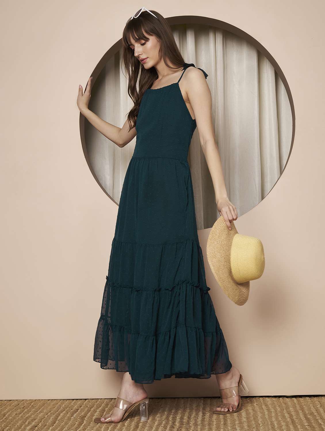 women solid shoulder strap tiered dress