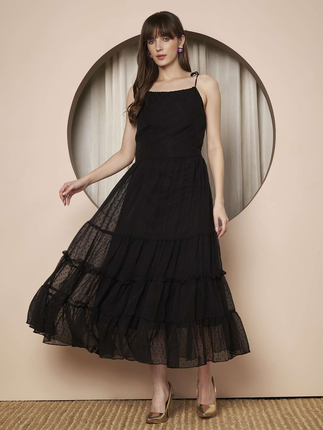 women solid shoulder strap tiered maxi dress