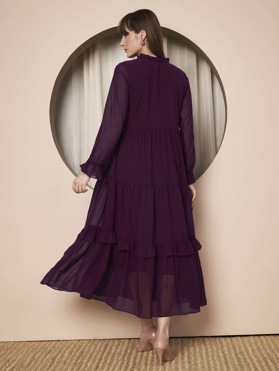women solid long sleeve tiered maxi dress - 22328811 -  Standard Image - 3