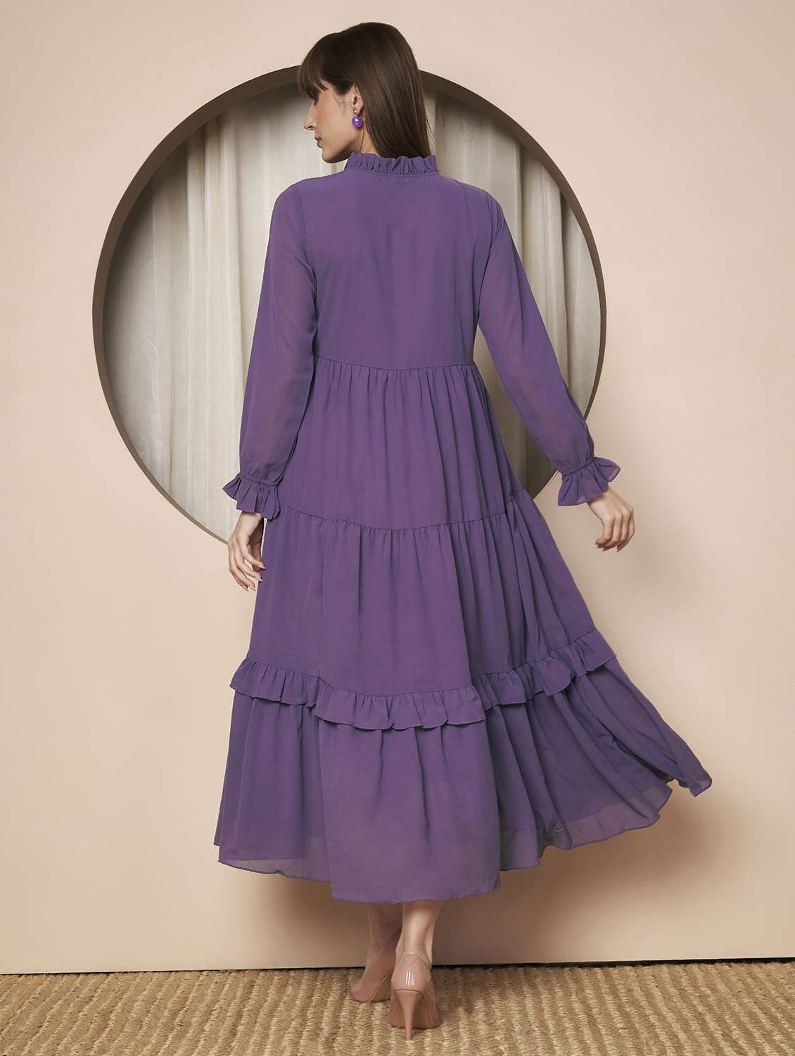 women solid long sleeve tiered maxi dress - 22328812 -  Standard Image - 3