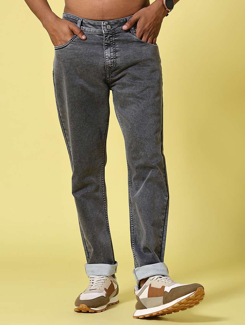 men plain mid rise full length tapered jeans