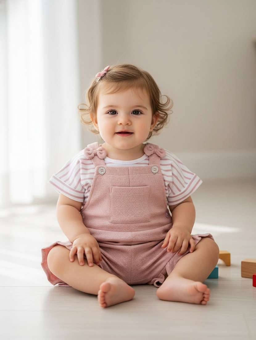girls printed round neck top and dungaree set