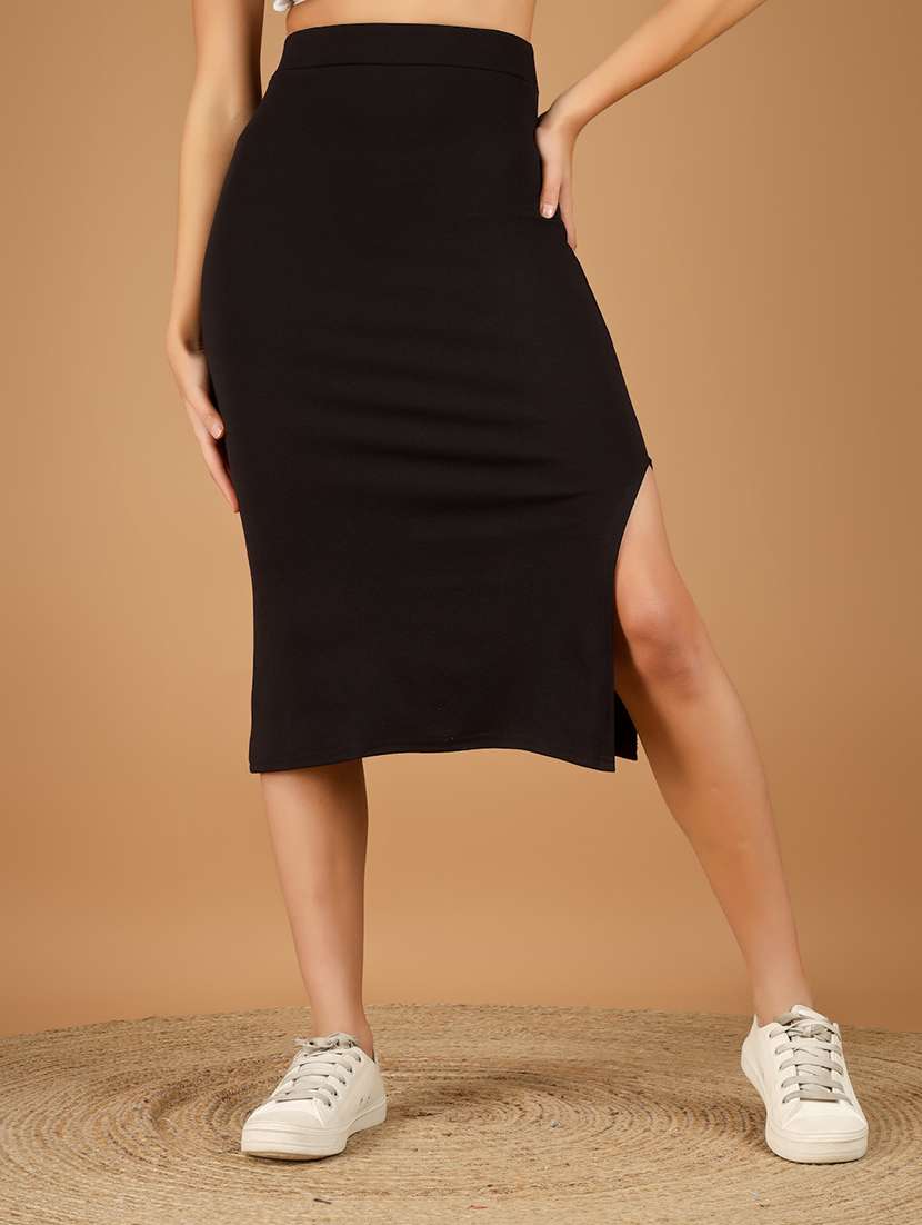 women solid high rise bodycon skirt