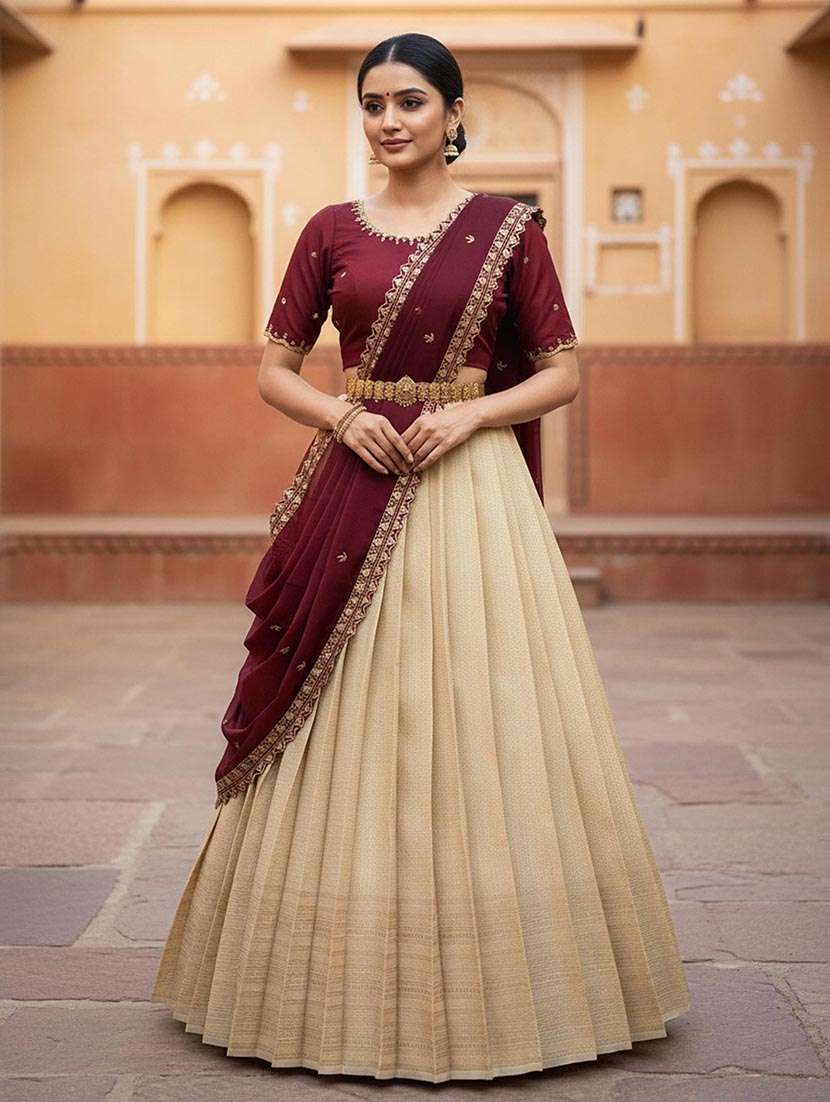 women self design south indian style unstitched lehenga choli set