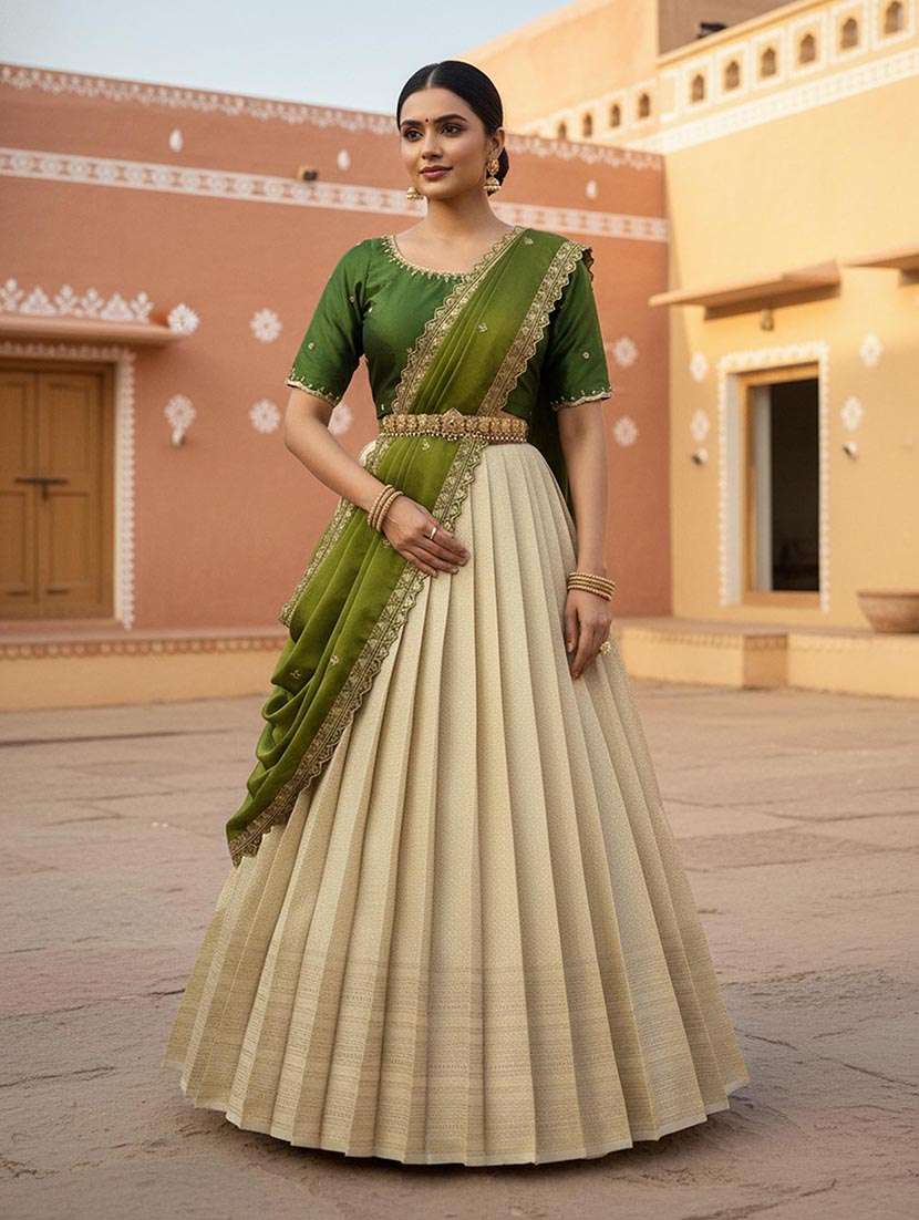 women self design south indian style unstitched lehenga choli set