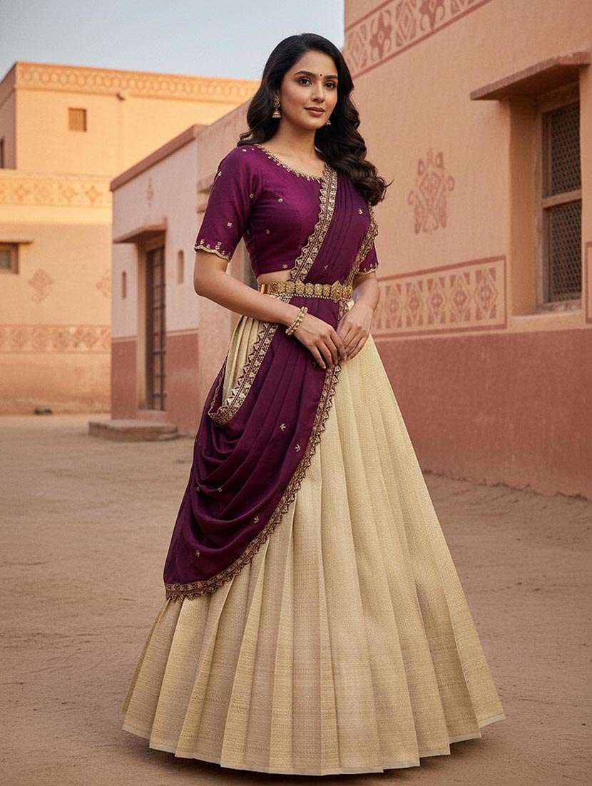 women self design south indian style unstitched lehenga choli set
