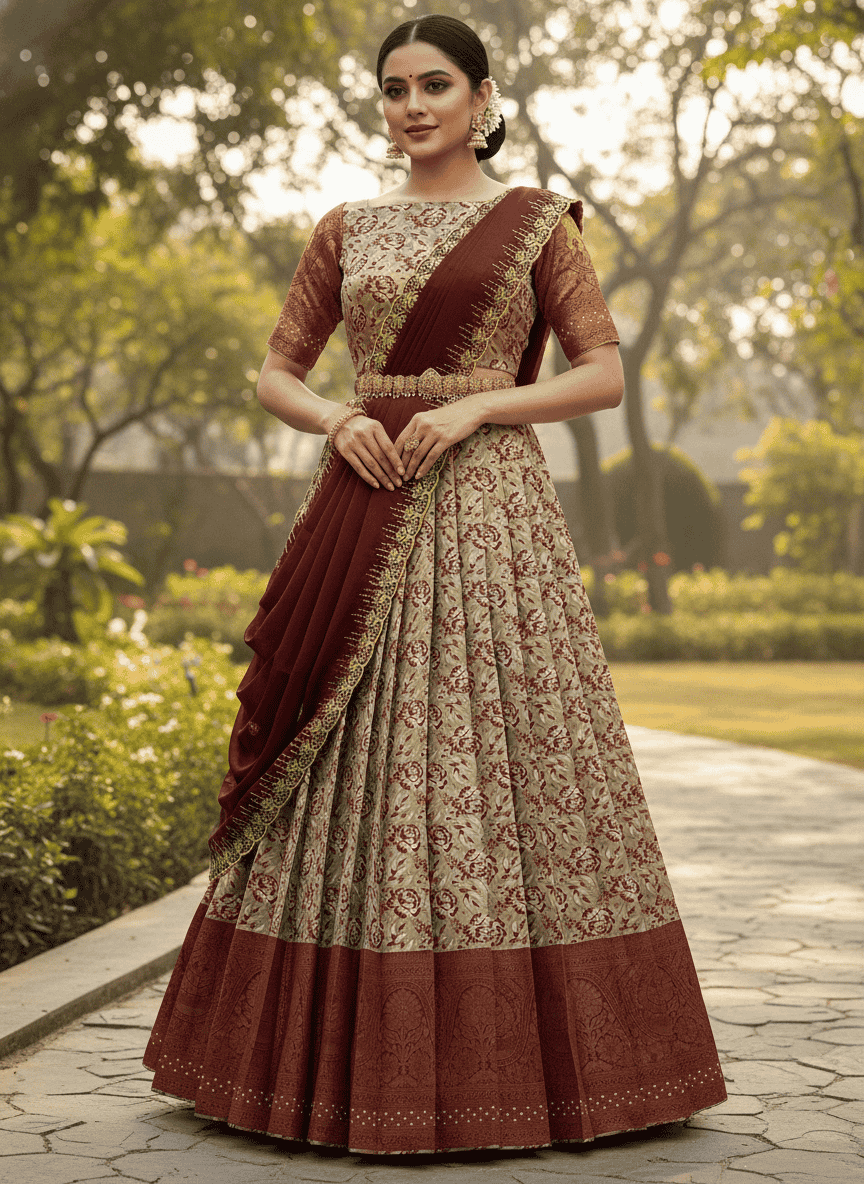 women self design south indian style unstitched lehenga choli set