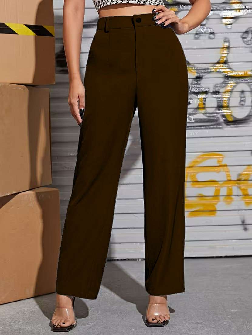 women solid high rise straight trouser