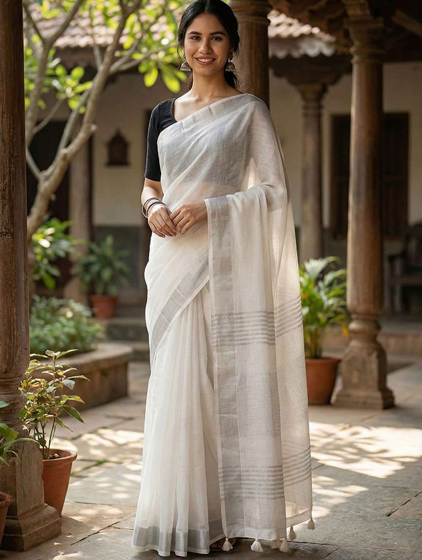 women solid with bordered handloom saree with blouse