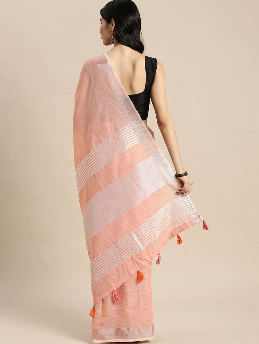 women solid with bordered handloom saree with blouse - 22329316 -  Standard Image - 3