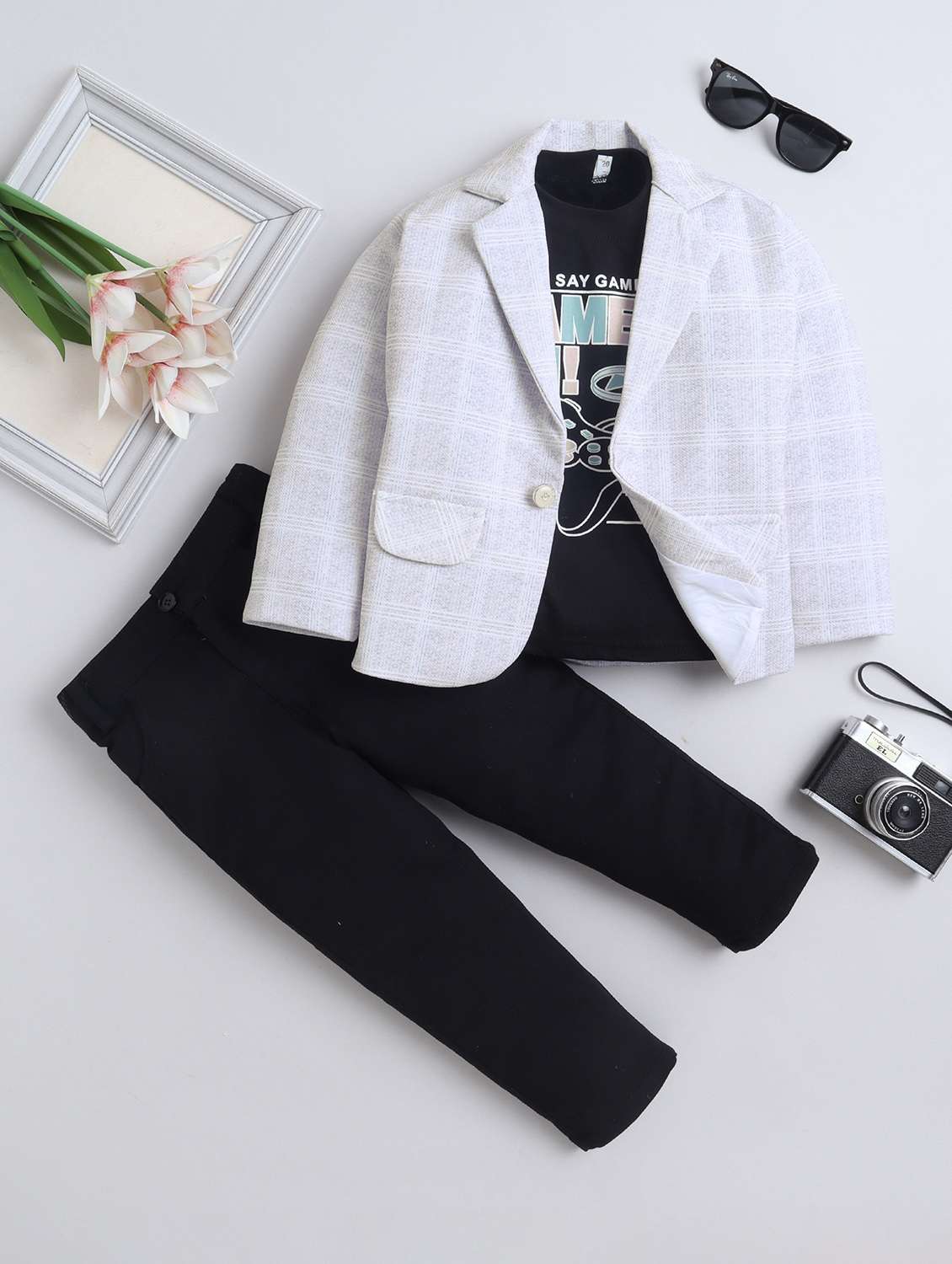 boys checkered blazer and trouser with t-shirt set