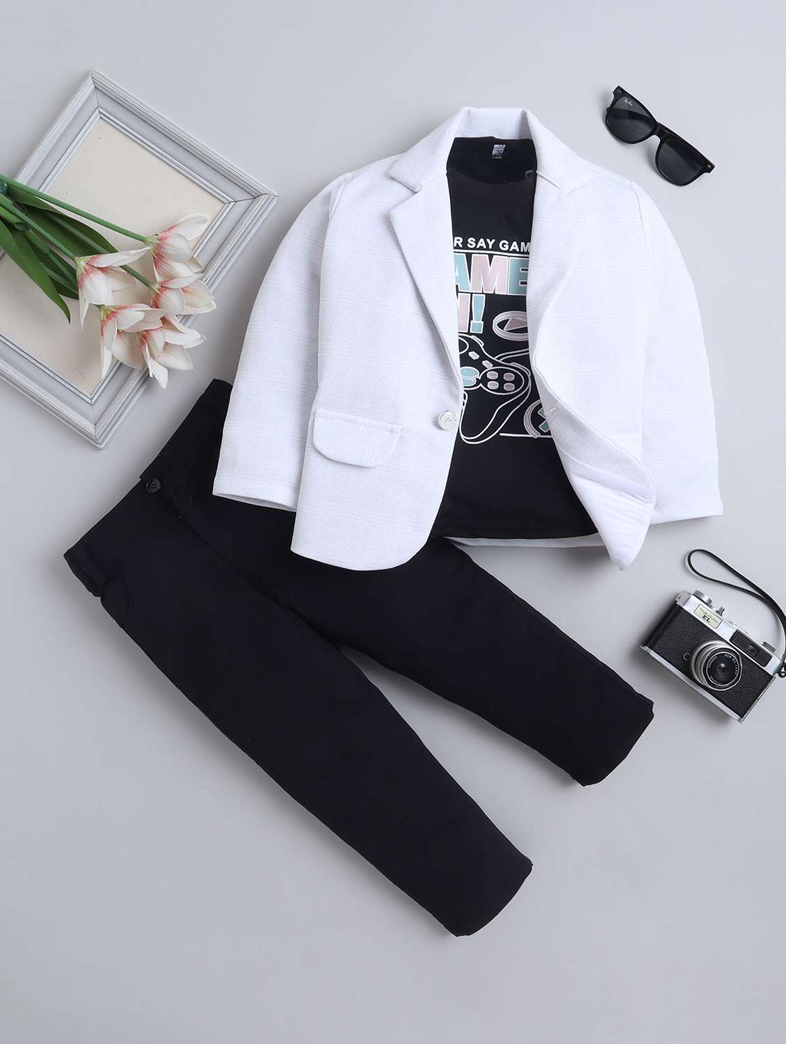boys checkered blazer and trouser with t-shirt set