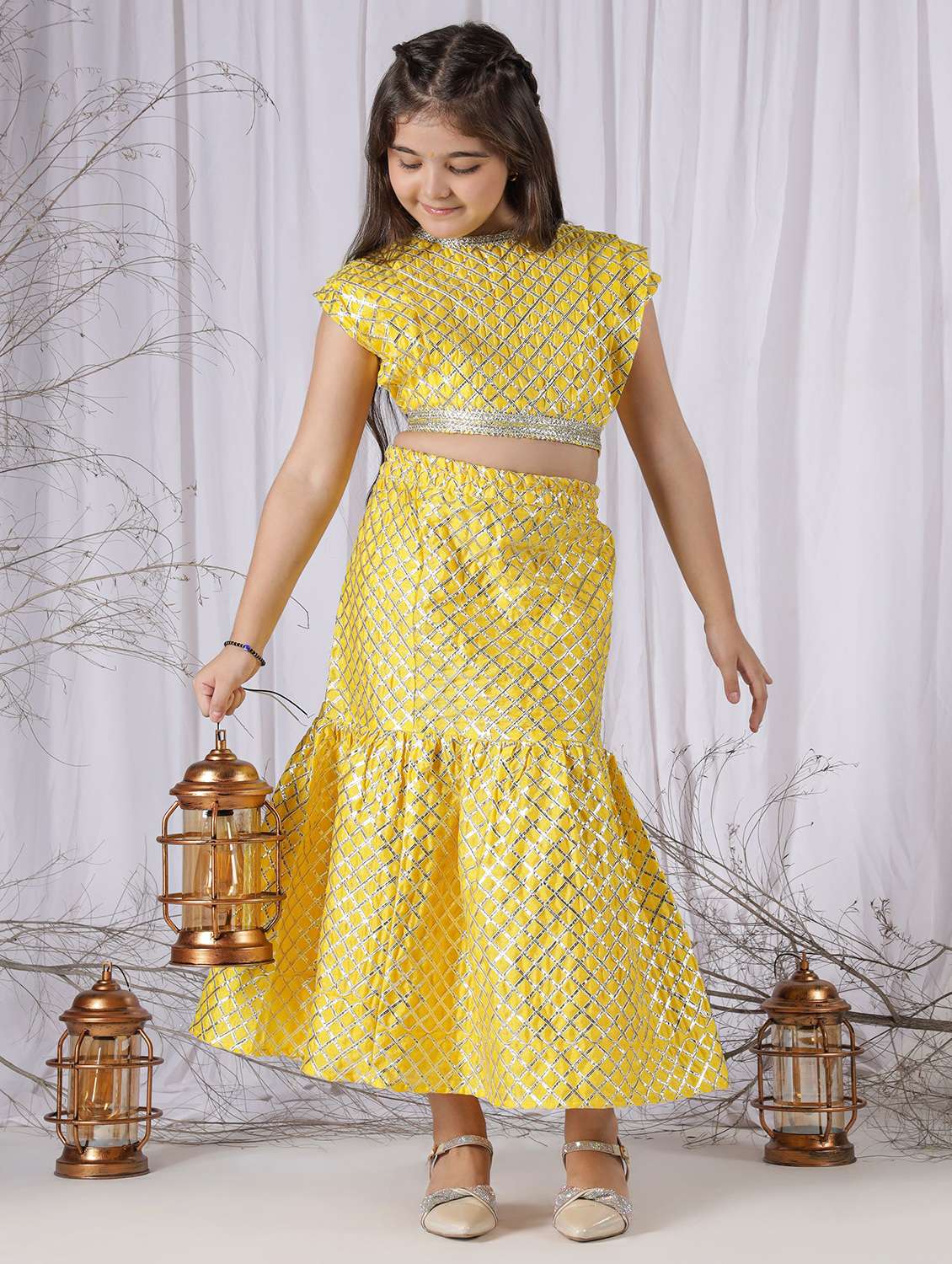 girls printed sleeveless lehenga and choli set
