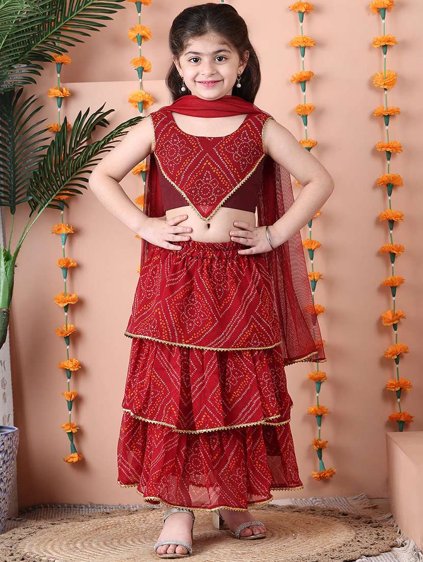 girls printed sleeveless lehenga and choli set with dupatta