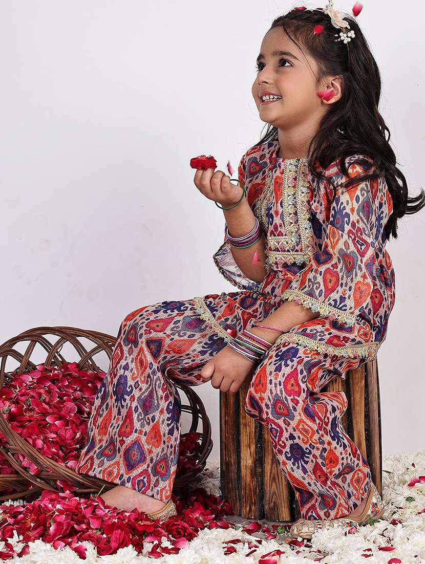 girls printed long sleeve kurta and palazzo set 