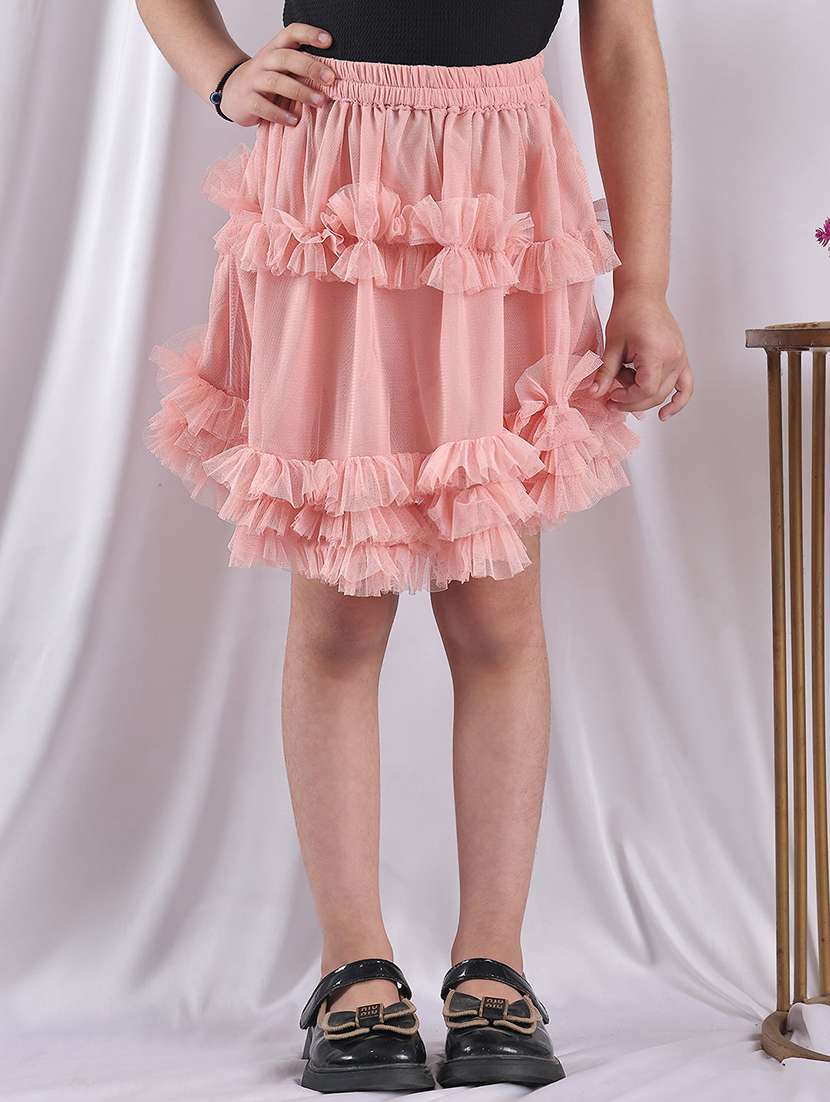girls solid mid rise ruffle skirt