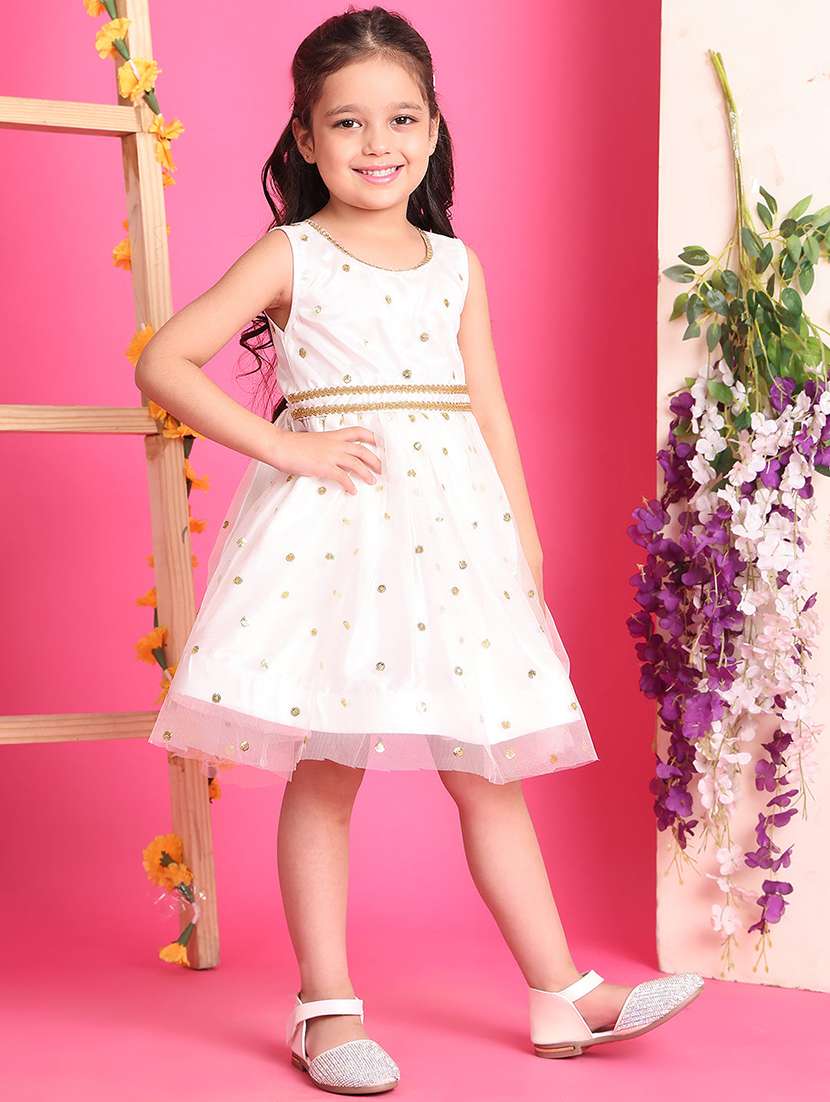 girls solid with work round neck fit & flare dress