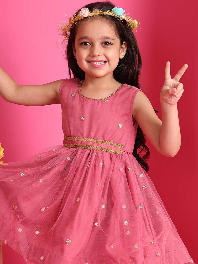 girls solid with work round neck fit & flare dress - 22329576 -  Standard Image - 3