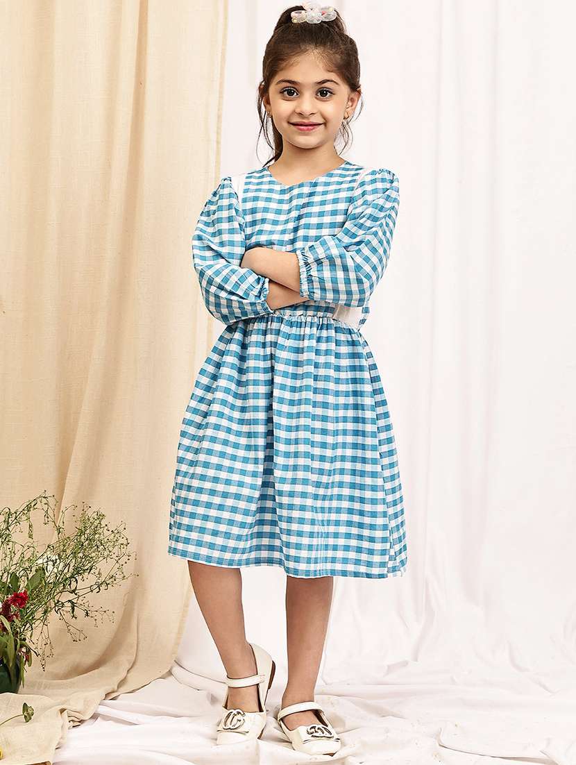 girls checkered puff sleeve a-line dress - 22329606 -  Standard Image - 3