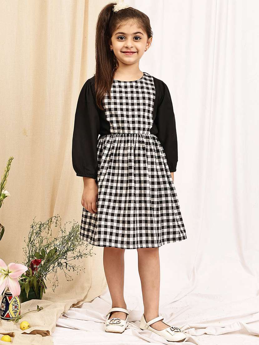 girls checkered puff sleeve a-line dress