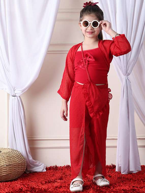 girls solid top and shorts set with wrap skirt