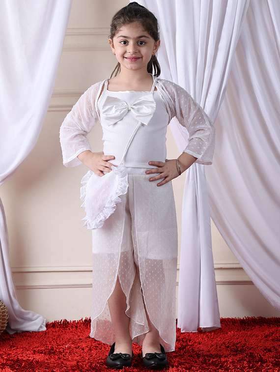 girls solid top and shorts set with wrap skirt