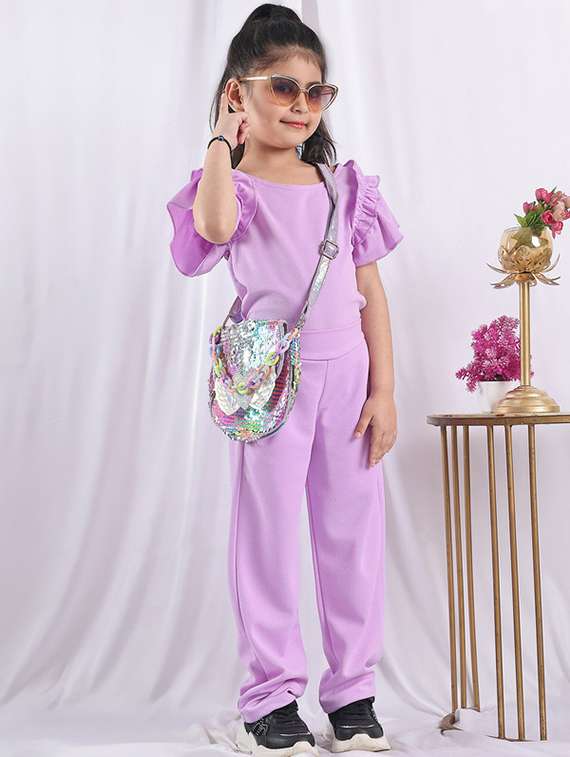 girls solid ruffle sleeve jump suit