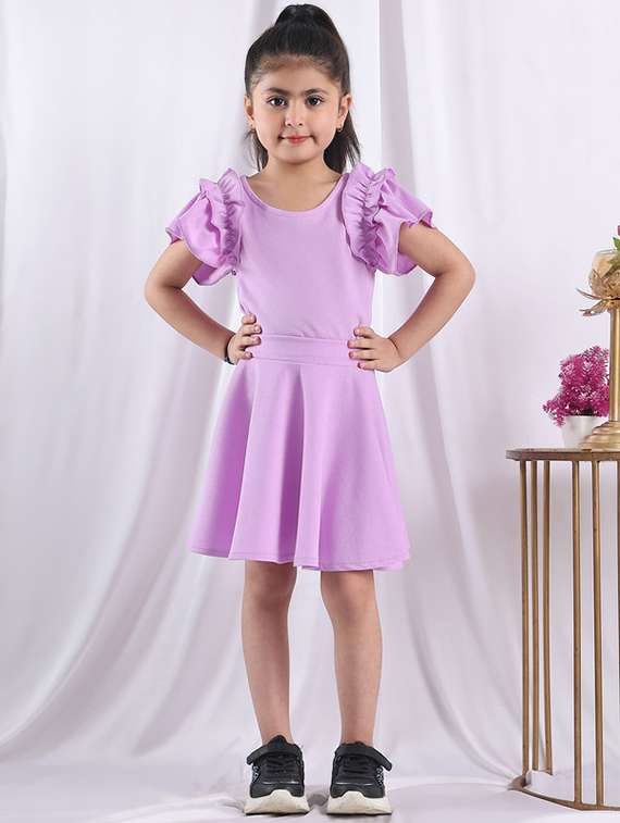 girls solid ruffle sleeve flared dress