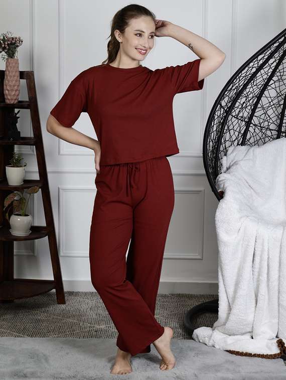 women solid nightwear pyjama set