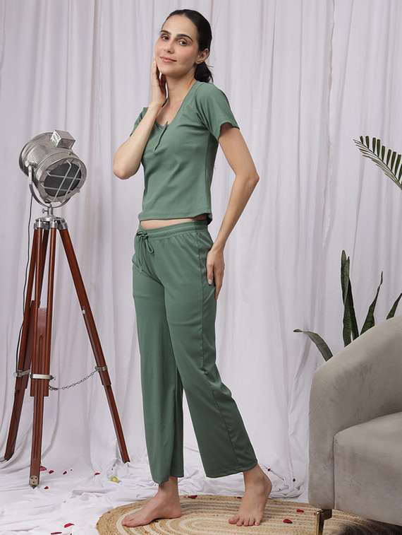 women solid nightwear pyjama set - 22330024 -  Standard Image - 3