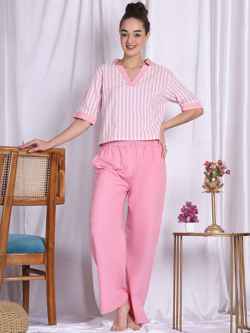 women striped nightwear pyjama set