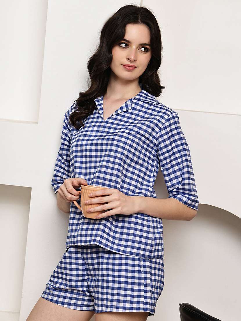 women checkered shorts nightwear set