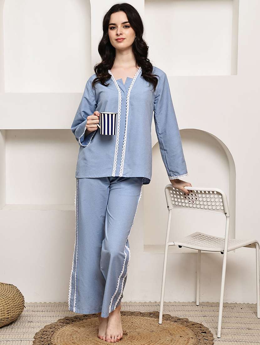 women solid nightwear pyjama set