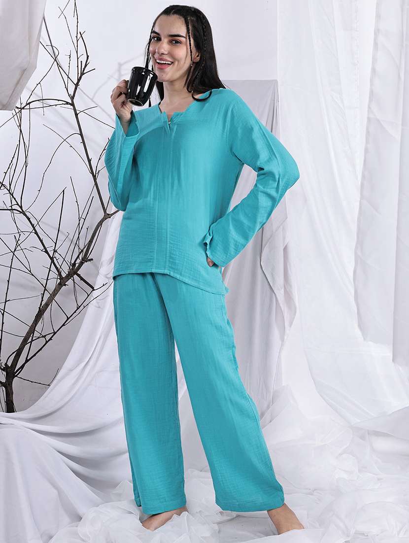 women solid nightwear pyjama set