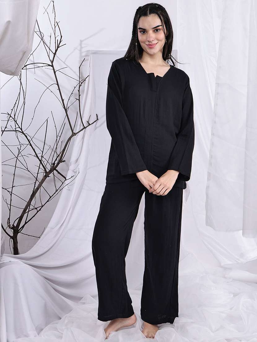 women solid nightwear pyjama set