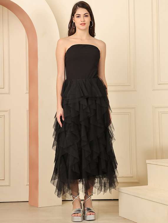 women solid sleeveless tube ruffle dress