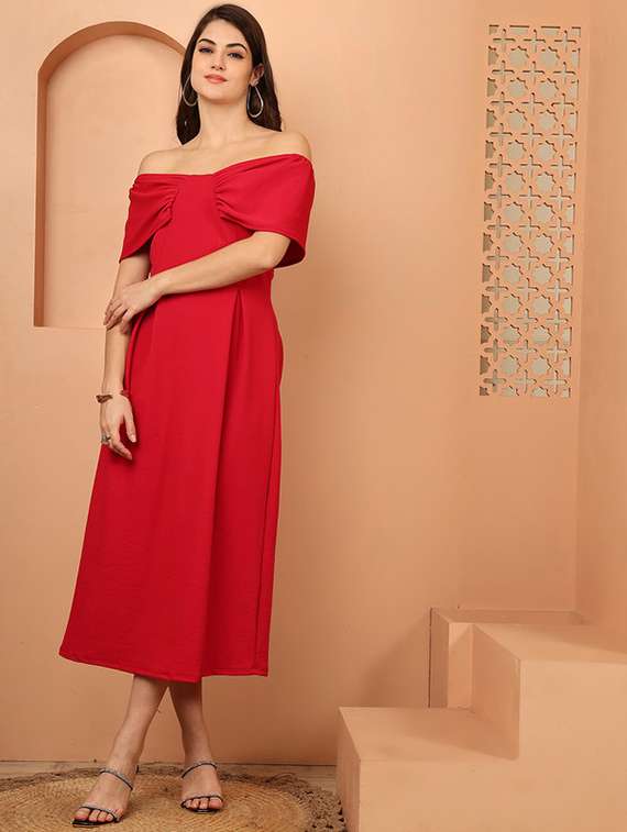 women solid off shoulder a-line dress - 22330252 -  Standard Image - 3