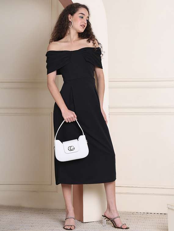 women solid off shoulder a-line dress