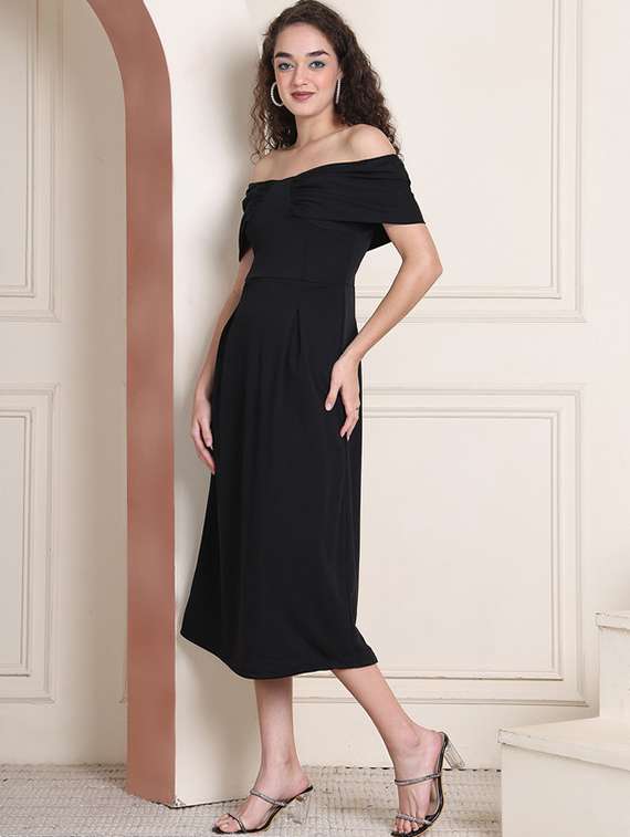 women solid off shoulder a-line dress - 22330253 -  Standard Image - 3