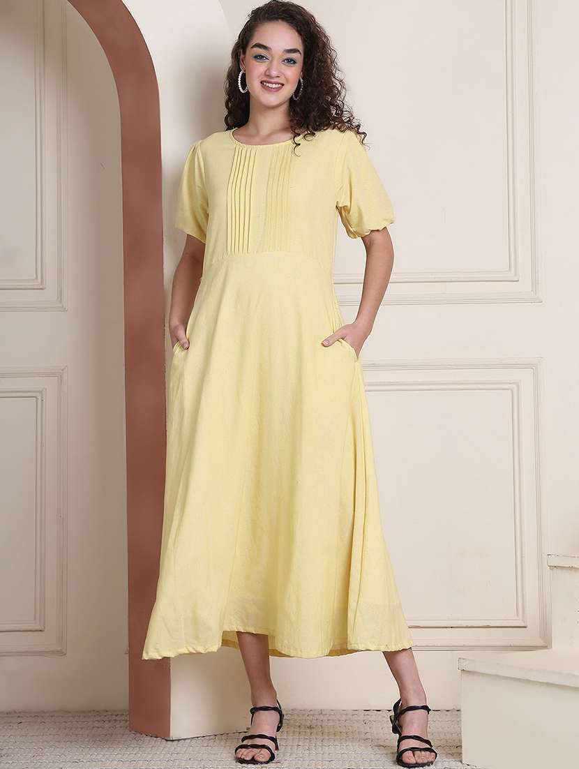 women solid puff sleeve a-line dress