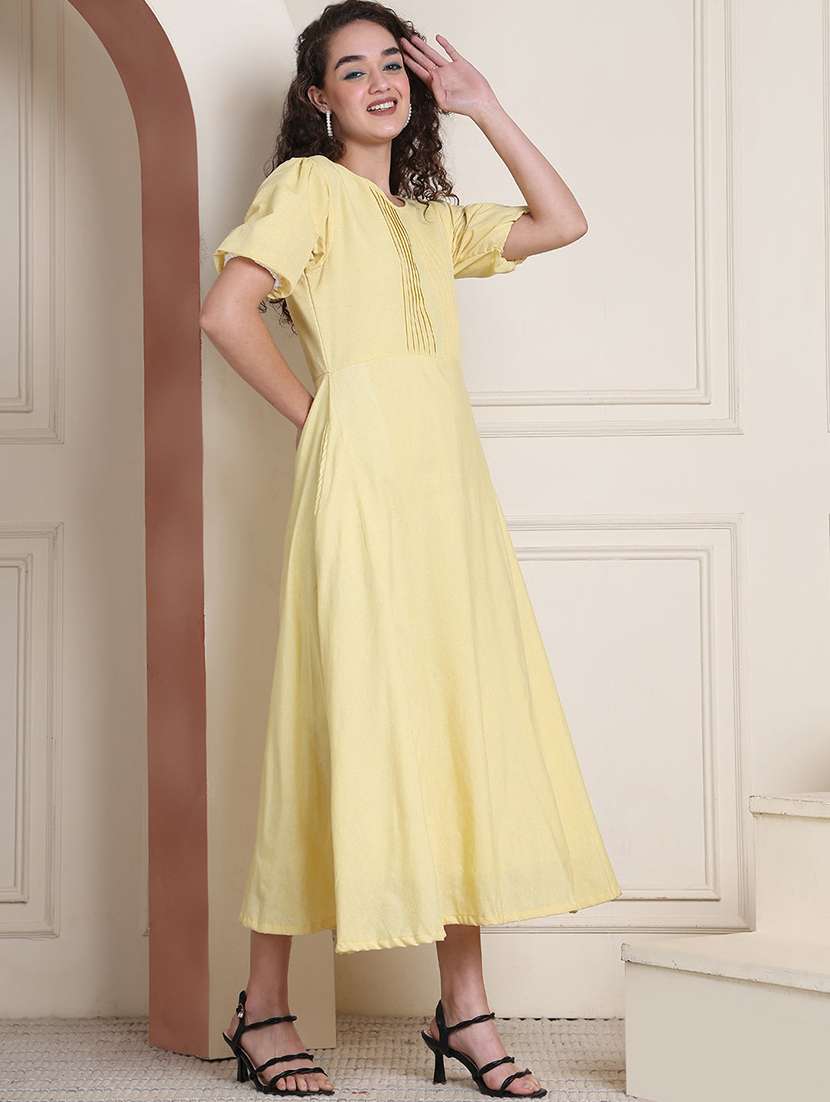 women solid puff sleeve a-line dress - 22330255 -  Standard Image - 3