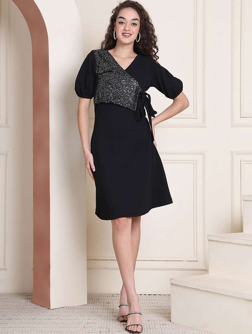 women sequined puff sleeve wrap dress