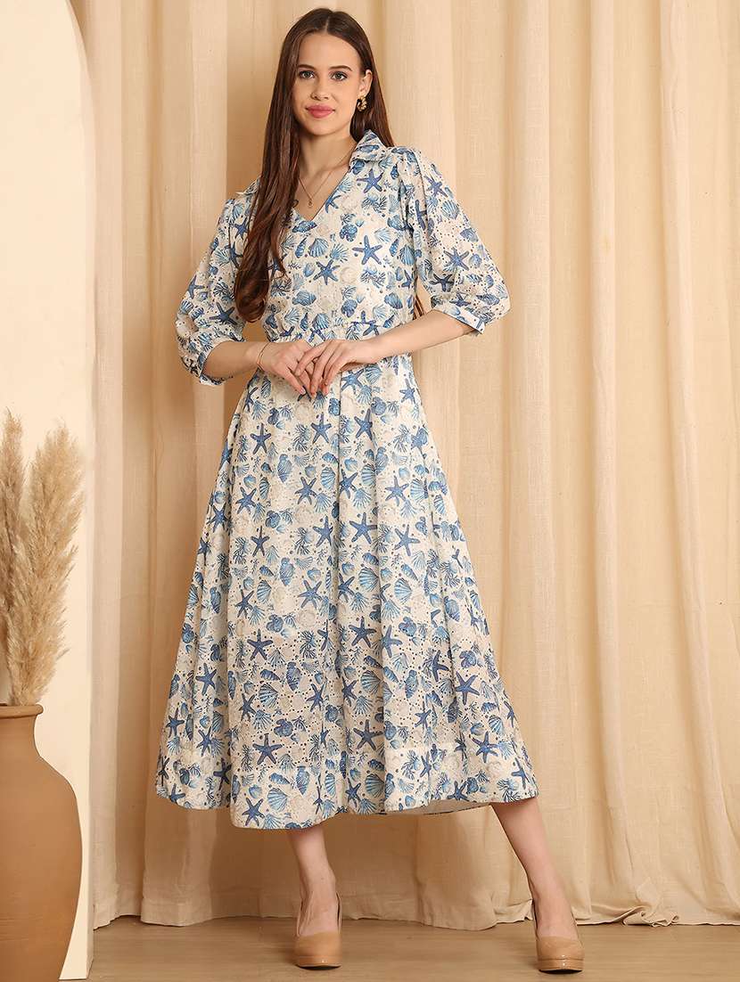 women printed collared fit and flared dress