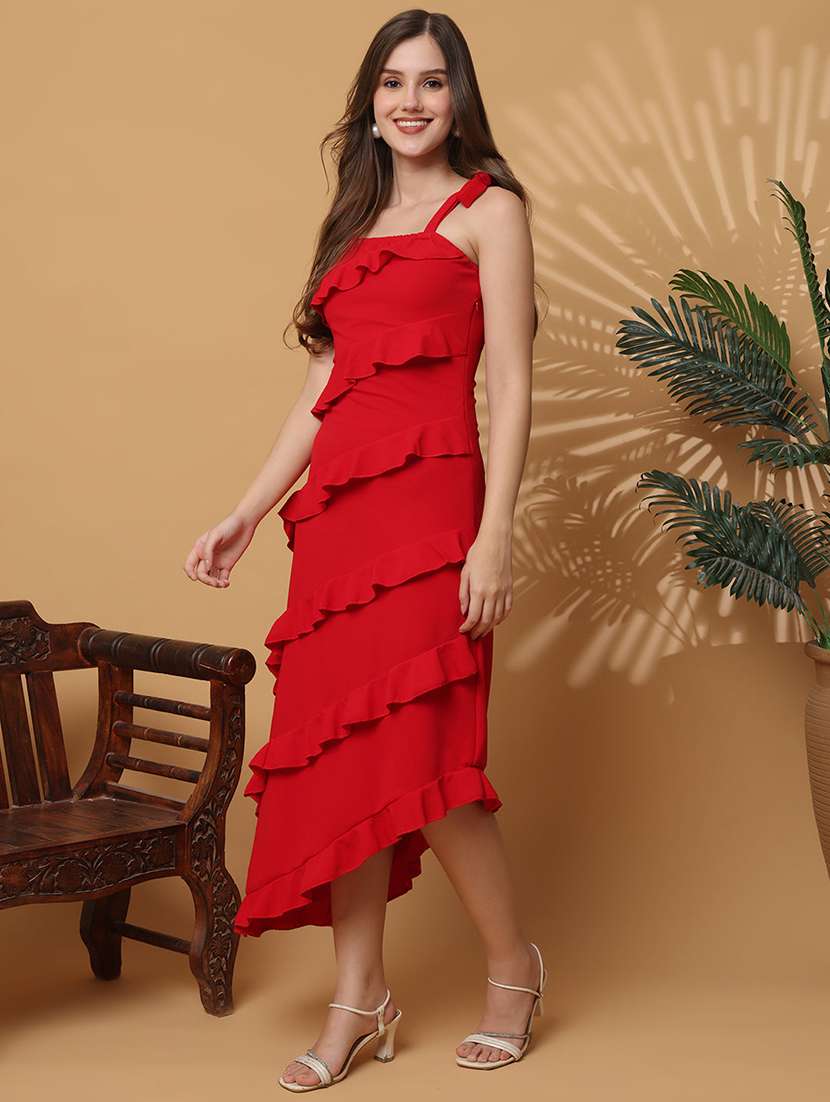 women solid shoulder strap ruffle dress - 22330276 -  Standard Image - 3