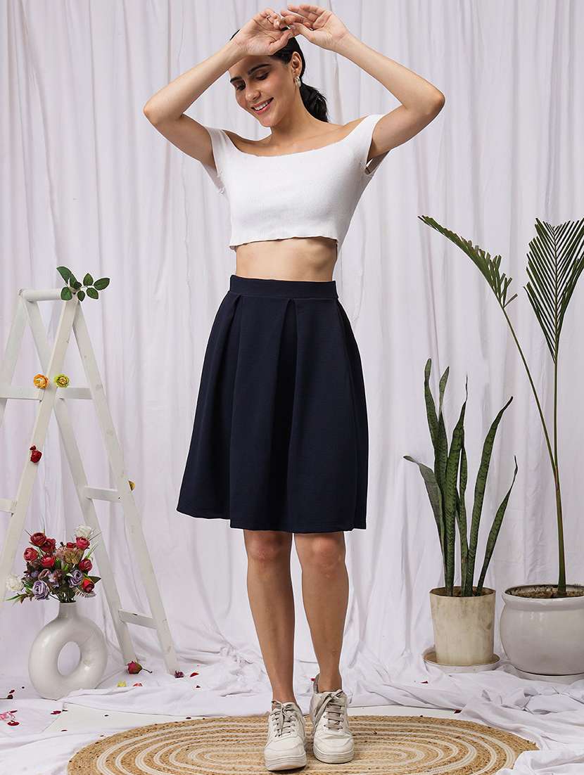 women solid high rise flared skirt