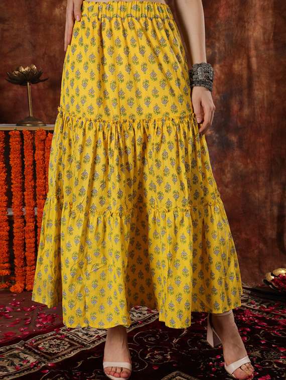 women printed high rise tiered skirt